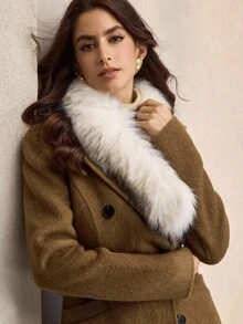 ZEYLAH Detachable Fur Collar Floral Chiffon Long Woolen Coat, Autumn/Winter - Brown - View 8