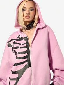 SUMWON WOMEN 女士超大款拉链连帽衫，饰有骷髅印花，配有抽绳和中央口袋，适合秋冬休闲街头服饰 - 粉色 - 查看 3