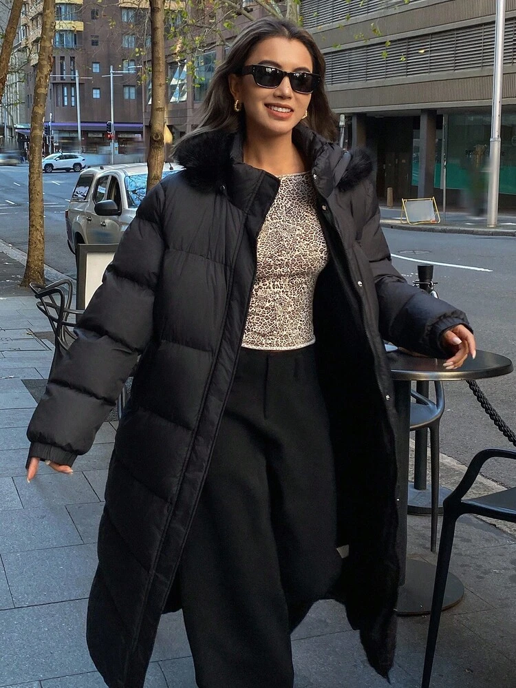 Women's Solid Color Long Sleeve Zipper Collar Long Patchwork Faux Fur Casual Hooded Winter Jacket Women Coats