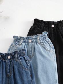 SHEIN 3pcs/Set Young Girl' Denim Pants With Ruffled Hem, Black, Navy Blue, Light Blue, Autumn/Winter Fall - Multicolor - View 4