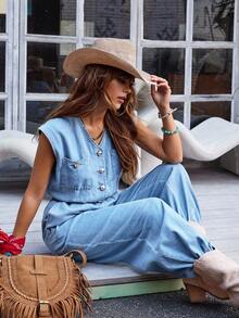 EMERY ROSE 女式休闲时尚V领纽扣牛仔连体裤 - 藍色 - 查看 7