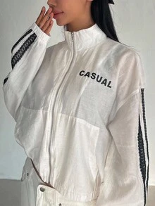 DAZY Letter Graphic Contrast Tape Drop Shoulder Jacket Linen - White - View 3