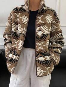 DAZY Women's Loose Casual Geometric Plaid Thermal Lined Jacket, Contrast Color Patchwork, Regular Fit, Suitable For Autumn & Winter