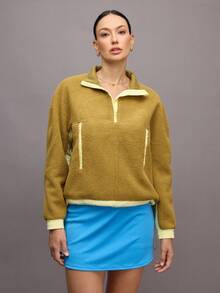 Activina Sweatshirt Wanita Motif Patchwork Warna Kontras dengan Lapisan Termal - Olive Green - View 3