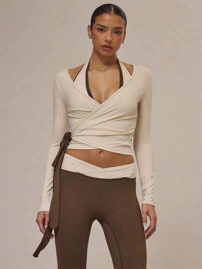 Musera Sport Plunge Front Wrap Over Tie Fitted Long Sleeve Ballet Top Gym Active Sports Workout Cinnamon Swirl Yoga Pilates Fitness Daily Casual