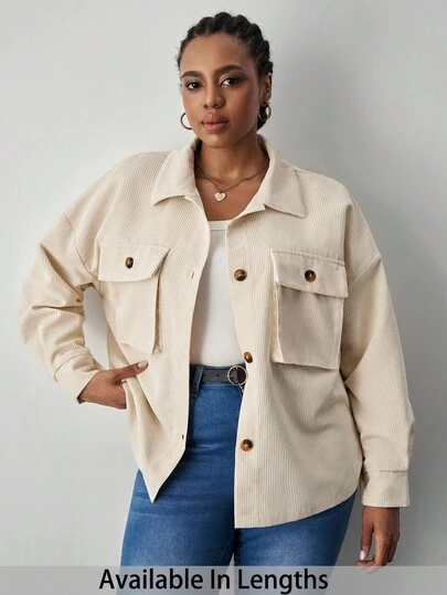 SHEIN Tall CURVE 秋季大码女式纯色落肩长袖单排扣实用口袋休闲夹克