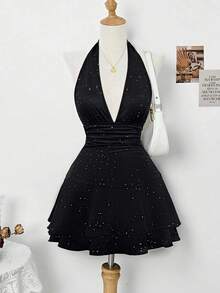 SHEIN Clasi Vestido de mujer elegante con lentejuelas y cuello halter, apto para vacaciones y fiesta