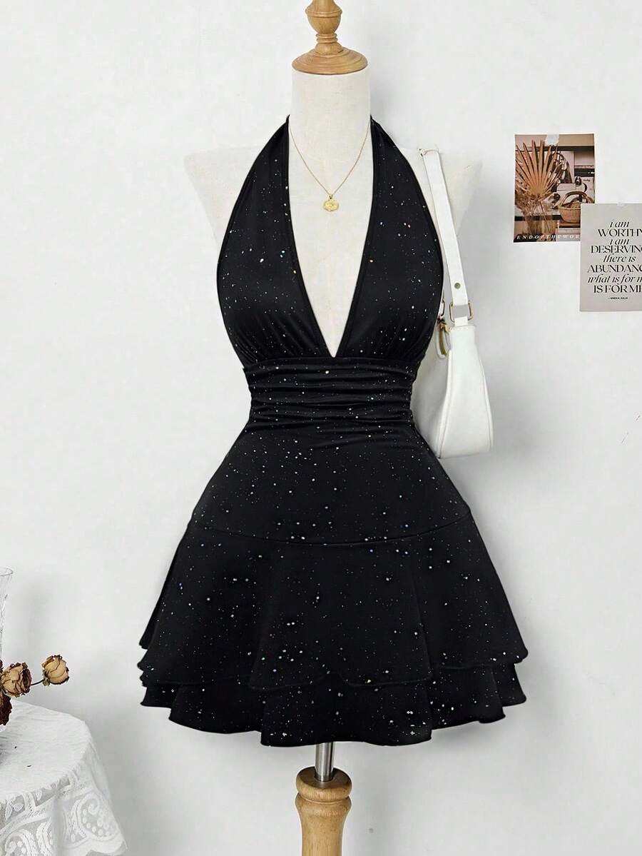 SHEIN Clasi Vestido de mujer elegante con lentejuelas y cuello halter, apto para vacaciones y fiesta