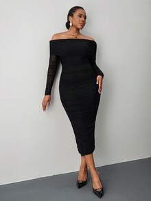 SHEIN Tall CURVE Robe moulante en maille froncée avec épaules dénudées - Noir - Voir 6