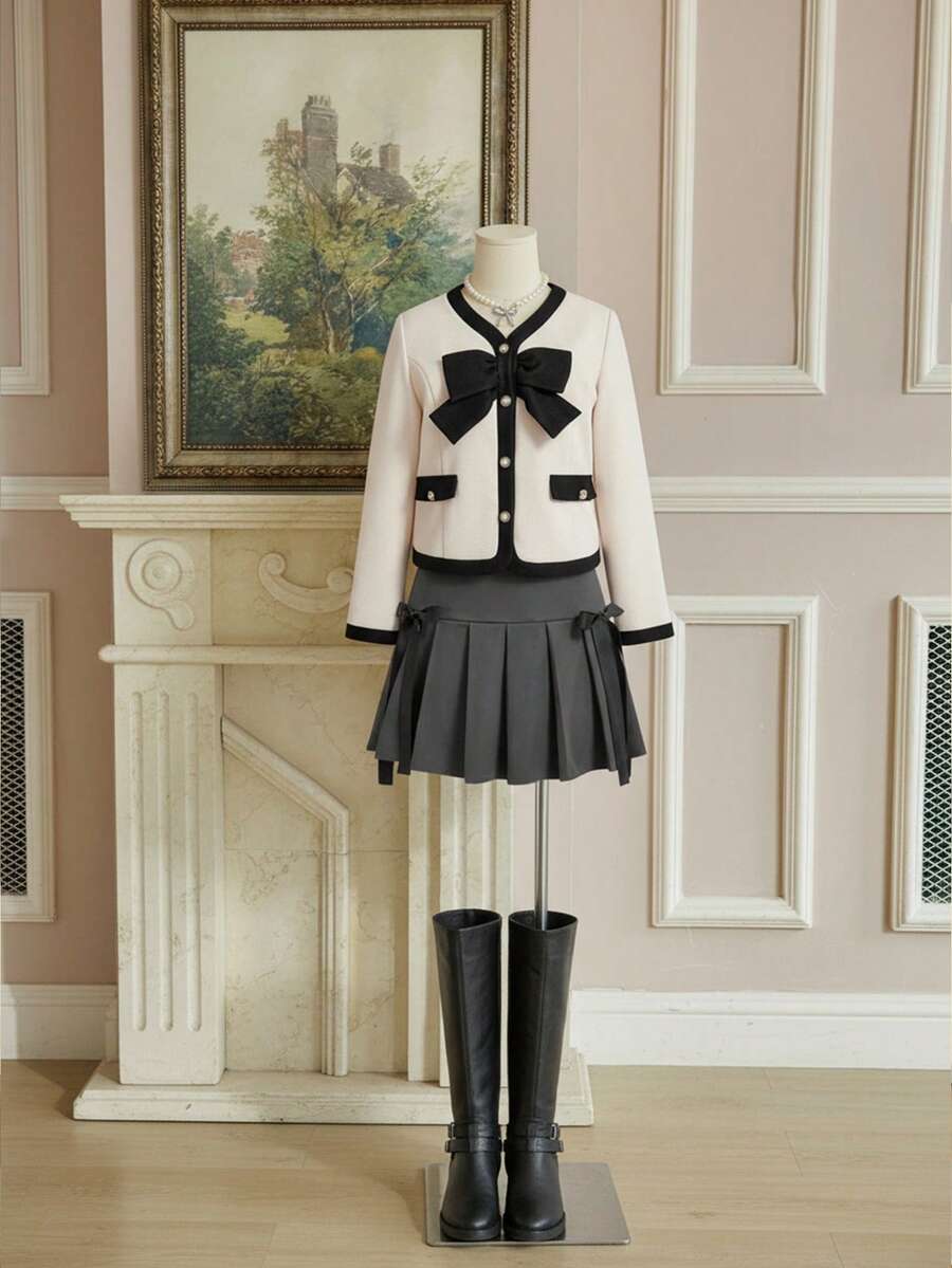 SHEIN MOD Chaqueta de mujer talla grande con contraste de blanco y negro, decoración de lazo, chaqueta de lazo talla grande, cárdigan de lazo para mujer, elegante abrigo de otoño e invierno, color albaricoque otoñal