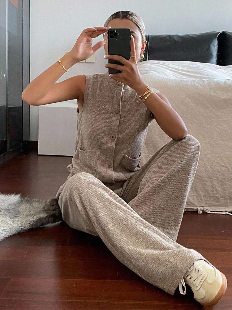 Women's Crew Neck Sleeveless Top And Loose Fit Pants 2 Pieces Set Lounge Sets For Women