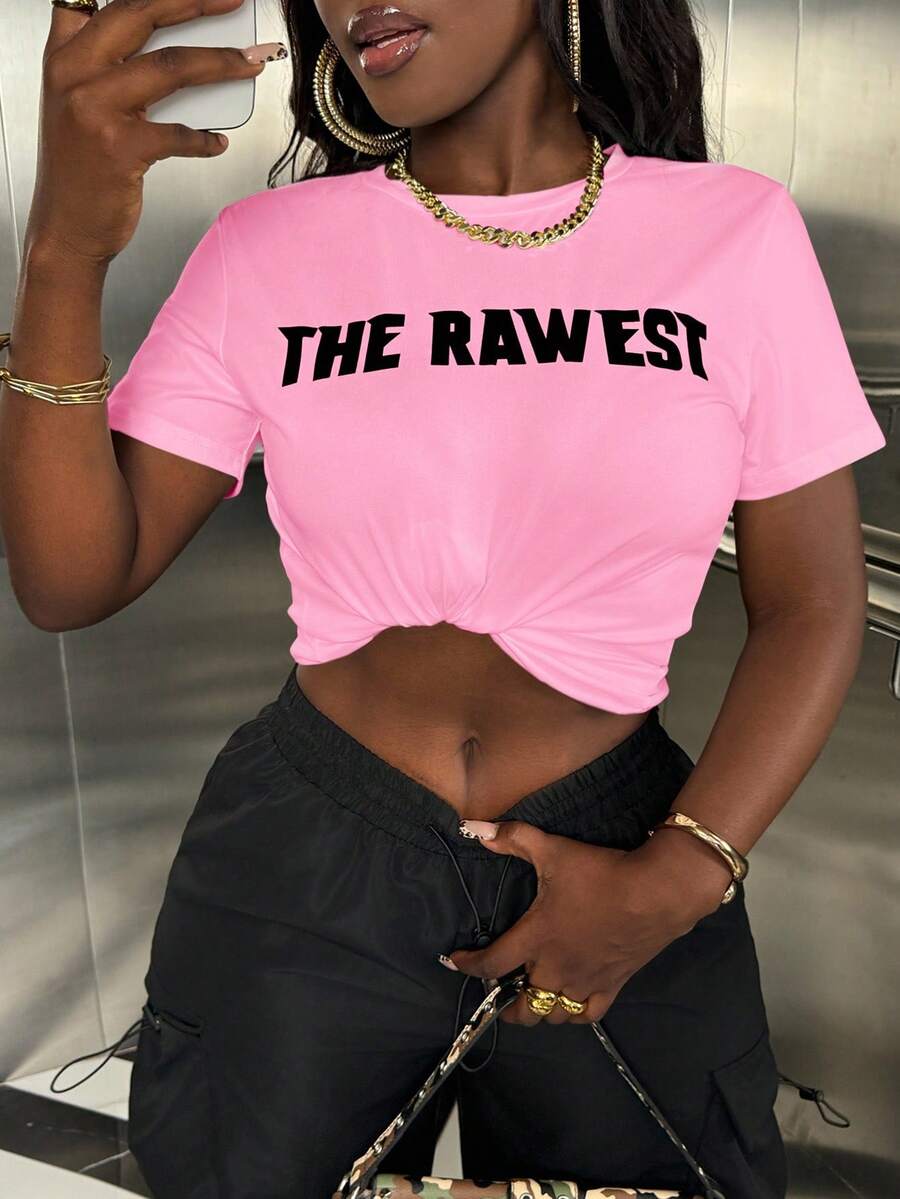 INAWLY Women's Short Sleeve T-Shirt With Letter Print THE RAWEST - Pink - View 1