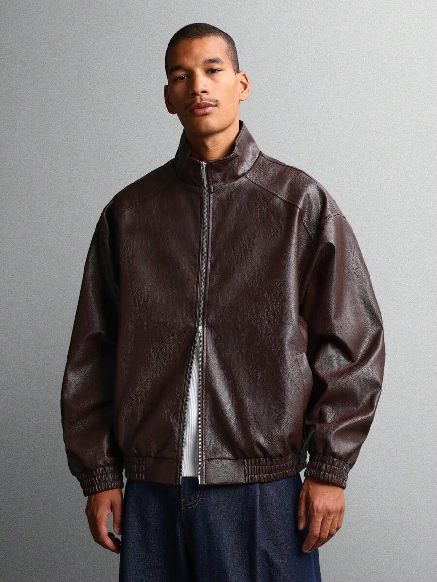 SUMWON Chaqueta bomber de piel sintética con diseño acolchado, cremallera, cuello y puños de canalé, moda de invierno y otoño - Café integral - Ver 1