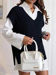 Xyvia Cable Knit Split Hem Sweater Vest - Navy Blue - View 4