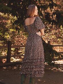 WESTFADE Chiffonkleid mit Blume Muster, Herzausschnitt, kurze Puffärmel, Schnürung mit Schleife am Rücken, gestufte Volants, Midi-Länge, Lässig, süße Herbstmode, Boho-Outfit, Herbst, Winter, Westernmode für Frauen - Verschiedenfarbig - Übersicht 2