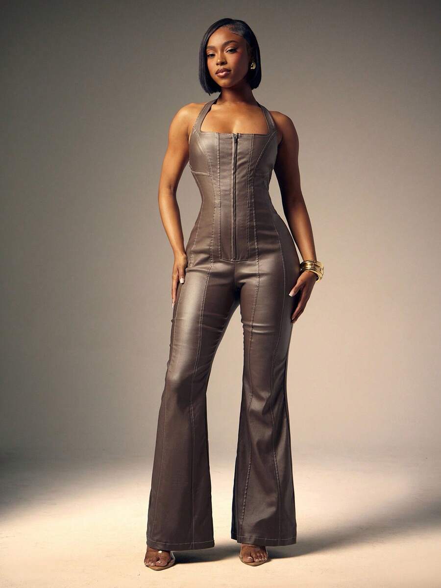 Denimoi Contrast Trim Faux Leather Halter Jumpsuit - Mocha Brown - View 1