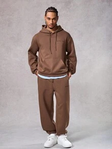 DAZY Conjunto de chándal con cordón en la cintura y forro térmico de color marrón sólido para hombres, otoño/invierno