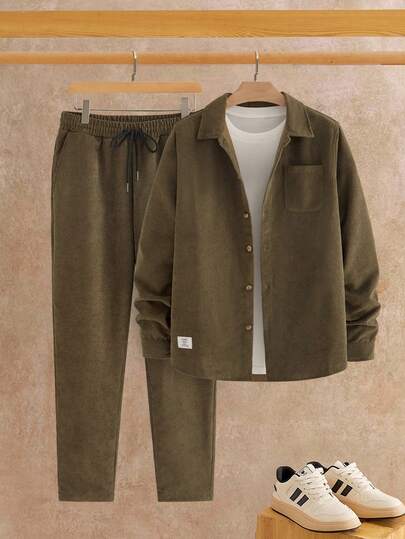 Manfinity VCAY 男士纯色前扣长袖简约上衣和裤子两件套，秋季服装