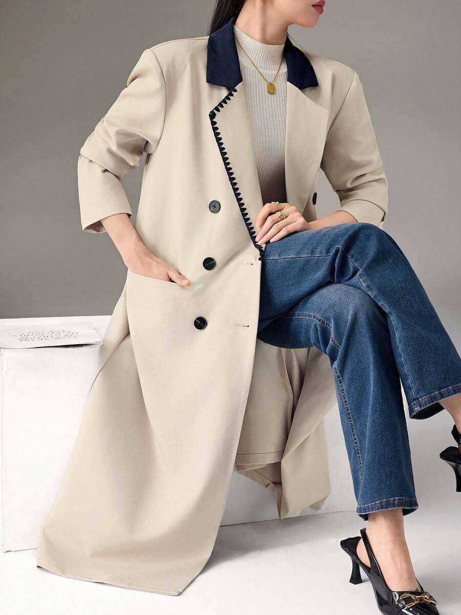 Heiryn 女士时尚双排扣常规西装外套 秋冬女装 - 杏色 - 查看 1