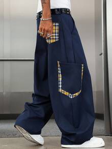 ROMWE MEN Men's Plaid Patchwork Casual Pants, Collegiate Style, Fall - Multicolor - View 3