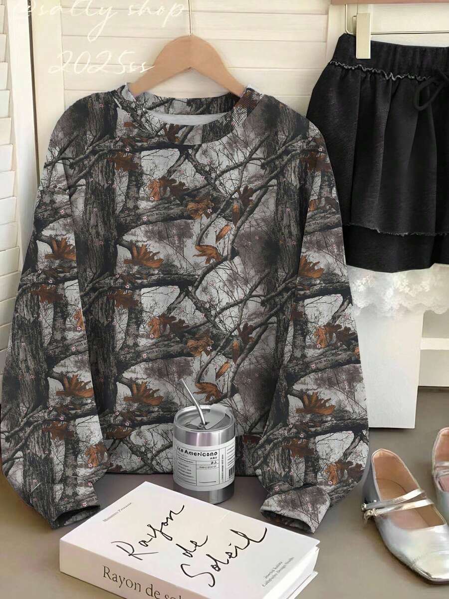 INAWLY Sudadera de cuello redondo con estampado de camuflaje, árbol y flores para mujer, versátil y casual para otoño/invierno - Multicolor - Ver 1