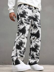 Claim Dot 男士扎染黑白撞色直筒裤 宽松裤 INS 黑白泼漆纹理宽松休闲裤 外出长款直筒休闲裤 送老公、男友礼物 秋季