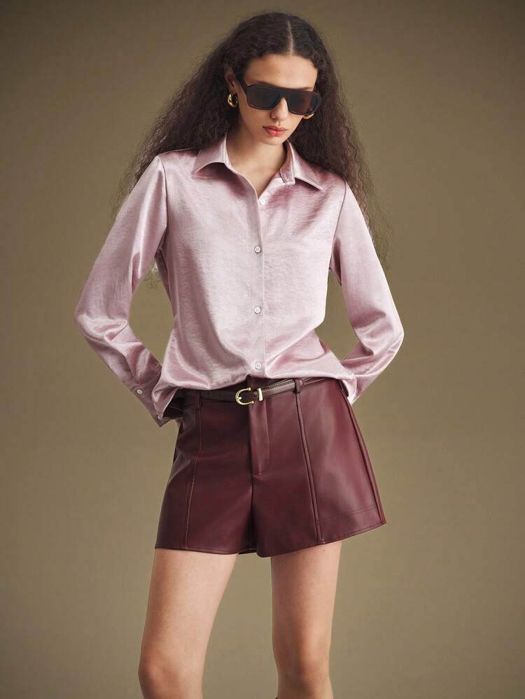 Elegant & Minimalist Style, Light Pink, Satin Material, Lapel Collar, Long Sleeve, Waist Tie, Shell Button, Women's Shirt, Women's Top, Minimalist Design, Everyday Wear, Business Commute, New Collection 2025 Modern Urban Casual Fashion Business Casual Women's Office Wear Low-Key Old Money Style Effortless Temperament High-End Urban Commuting High-Quality Airport Women's Wear High-End Material High-End, Elegant, Old-Fashioned Cruise Clothing Wedding Guest Dress For Women