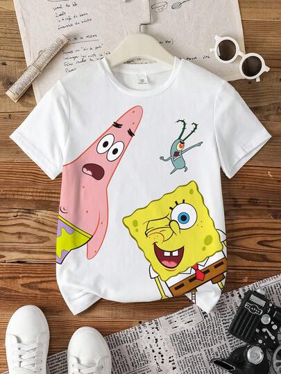SpongeBob SquarePants | SHEIN Camiseta de manga corta con cuello redondo y estampado de dibujos animados linda para niño preadolescente, verano