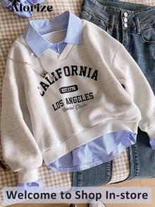 青少年女孩休闲运动衫，百搭校园/通勤风格，2 合 1 衬衫领运动衫，数字和字母，豹纹，宽松版型