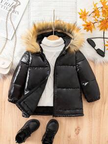 SHEIN 1件装可爱女婴休闲简约中长款黑色羽绒服，带毛领，冬季外套，绗缝外套，适合生日派对、晚宴、演出、婚礼、洗礼、开幕式等场合，也适合日常穿着和玩耍，适合秋冬季节穿着。黑色 - 黑色 - 查看 3