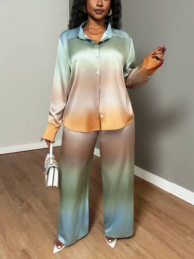 Truni Lacenleopard Plus Size Women Tie Dye Print Loose Long Sleeve Shirt And Pants Set, Pocket And Button Detail Suit/Winter, For Pear Triangle Body Shape