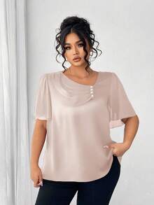 Elenzga Plus Size Asymmetrical Ruffle Collar Button Decor Short Sleeve Elegant Blouse - Apricot - View 6