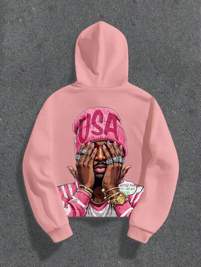 Manfinity ZONE917 Men ZONE917 Cropped Hoodie With Pink Graffiti Haha Face Graphic, Fall