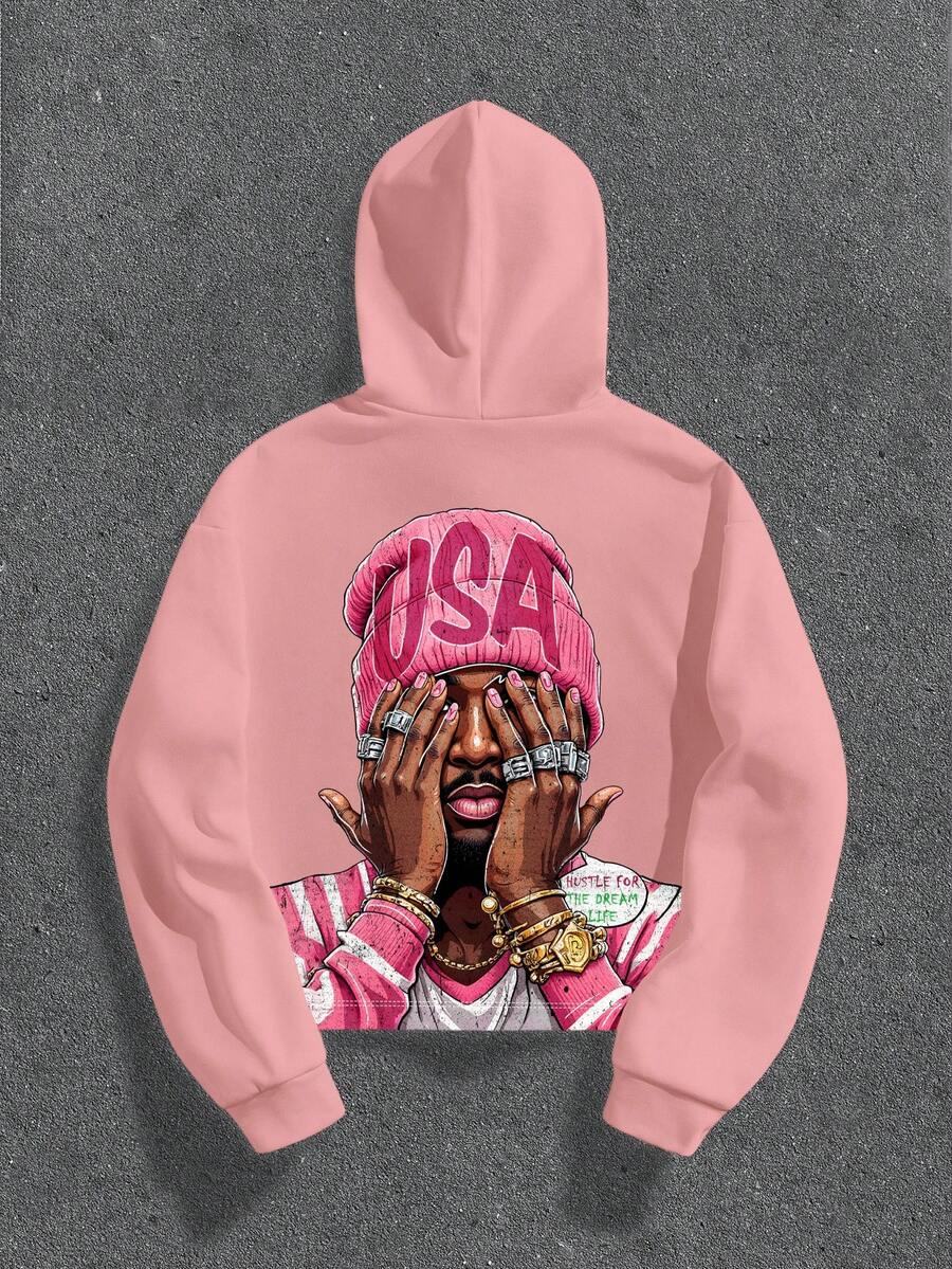 Manfinity ZONE917 Men ZONE917 Cropped Hoodie With Pink Graffiti Haha Face Graphic, Fall