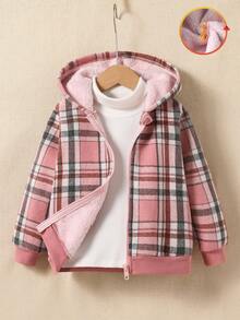 SHEIN Explorewe Kleine Mädchen Karogemusterter Kapuzenpullover, Fleecejacke mit langen Ärmeln, lässiger Alltagsstil Oberbekleidung, bequem & minimalistisch