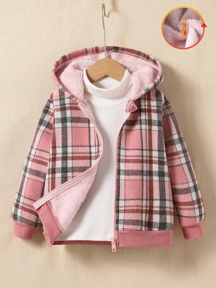 SHEIN Explorewe Kleine Mädchen Karogemusterter Kapuzenpullover, Fleecejacke mit langen Ärmeln, lässiger Alltagsstil Oberbekleidung, bequem & minimalistisch