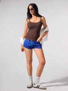 Menodora SHEIN Sport Áo hai dây dệt kim bó sát màu trơn thường ngày - màu nâu - Xem 5