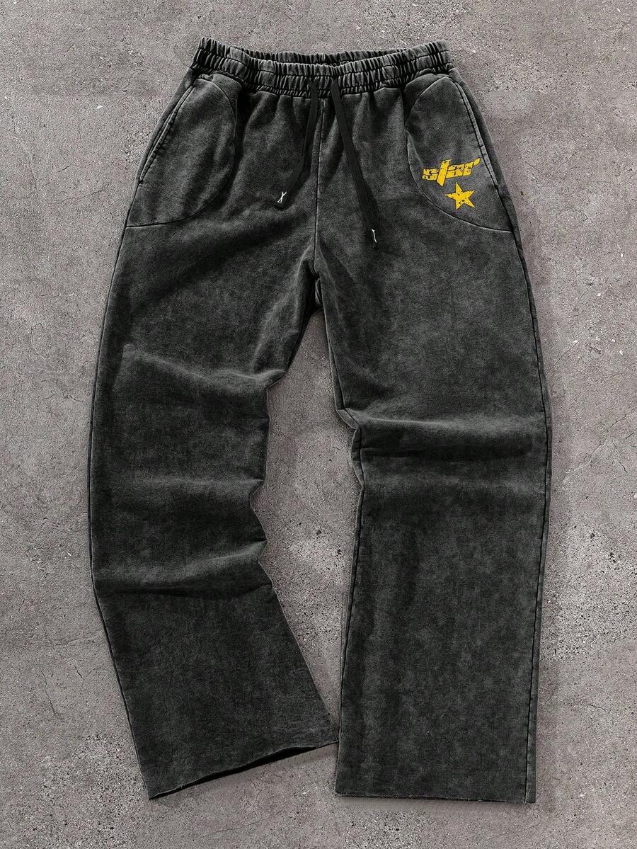 PAVTROS 男式字母和五角星印花抽绳腰袋休闲运动裤 - 黑色 - 查看 1