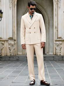 Manfinity Bizformal 男士米色带口袋商务西装套装 - 杏色 - 查看 4