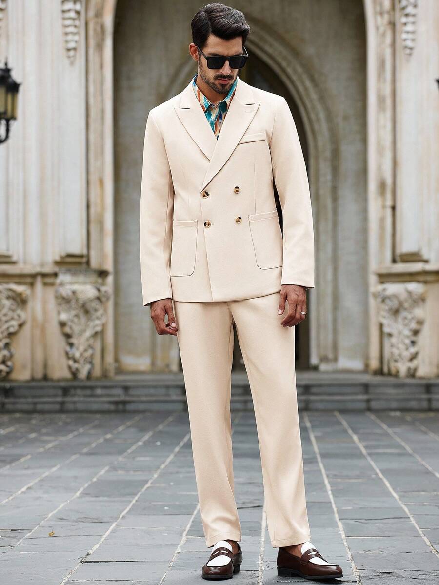 Manfinity Bizformal Beige Business Suit Set With Pockets For Men Beige Suit For Men Men Summer Suits Cream Suit Men - Apricot - View 1