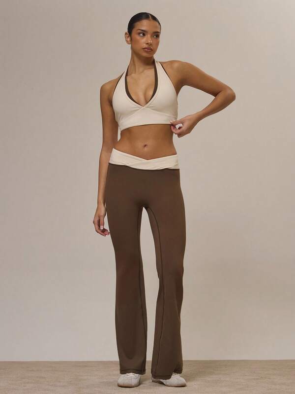 Musera Sport Pantalones de yoga ajustados con cintura contrastada y acampanados, solo para gimnasio, actividades deportivas y entrenamiento, otoño, invierno, remolino de canela