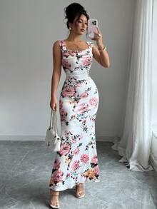 SHEIN PETITE Women's Sleeveless Floral Allover Print Fitted Long Dress - Multicolor - View 4