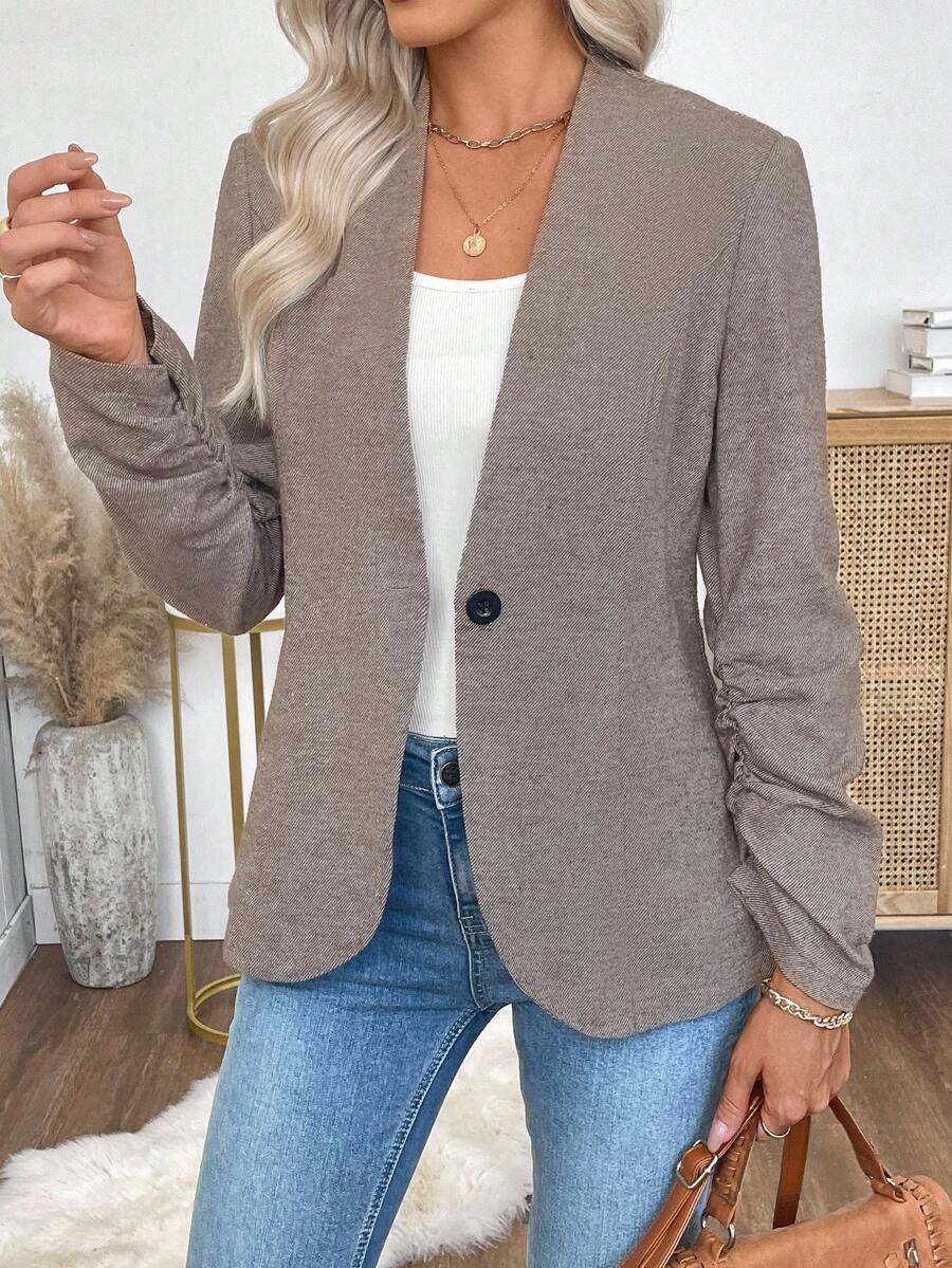 EMERY ROSE Áo khoác Blazer nữ tay dài xếp ly màu trơn cài nút đơn giản, mùa thu - Màu Khaki - Xem 1