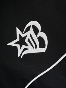 Manfinity Campus Court 时尚男士立领连帽户外防风夹克，侧边条纹，字母印花，复古做旧风格，秋季必备 - 黑色 - 查看 2