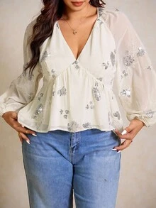 Elaquor 大码女式花卉亮片灯笼袖宽松时尚衬衫 - 杏色 - 查看 3