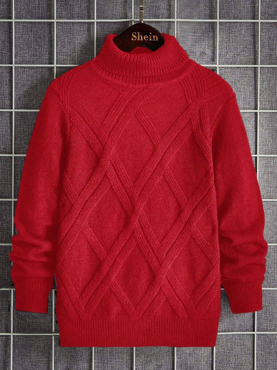SHEIN 秋冬季男童纯色高领长袖休闲宽松针织毛衣 - 紅色 - 查看 1