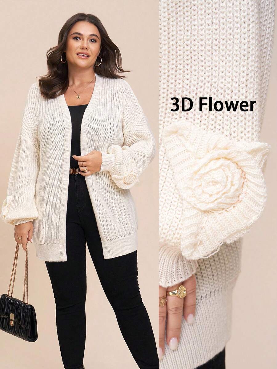 Comfylo 加大码纯色长款开衫夹克，袖口有 3d 花卉装饰，优雅长袖开衫优雅女士开衫休闲日常穿着，通勤简约办公室老款开衫，日常通勤和户外必备，海军蓝女士秋季服装女士冬季服装通勤，极简主义