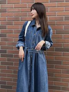FRIFUL Women's Casual Washed Front Button Denim Dress, Autumn Denim Maxi Dress Women Jean Dress Long Sleeve Denim Dress Women Denim Dress - Blue - View 5