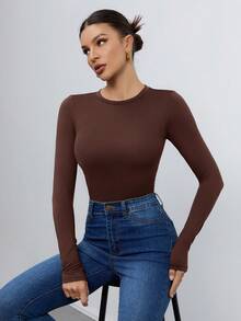 SHEIN Tall 女款 3 件組修身圓領長袖 T-shirt 套頭上衣，白色與棕色，秋季基礎款，冬季日常純色休閒修身上衣，適合高個女性 - 彩色 - 查看 8