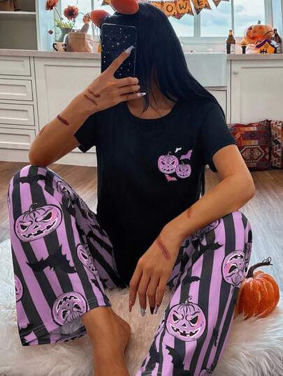 CoupledUp 条纹南瓜趣味万圣节短袖和裤子女式睡衣套装